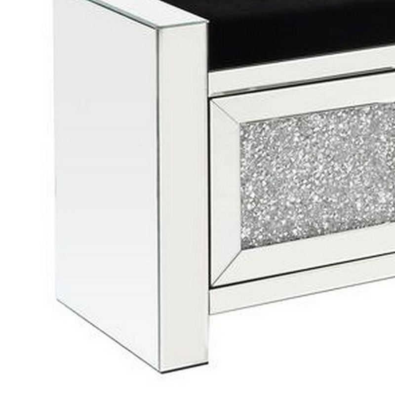 Mirrored Bench with Faux Diamonds and 2 Door Cabinets， Silver