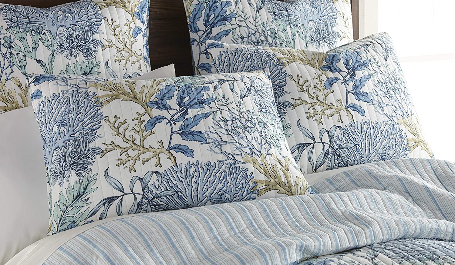 Levtex Home - Mahina Quilt Set - King Quilt + Two King Pillow Shams - Coastal - Taupe， Blue and White - Quilt Size (106x92in.) and Pillow Sham Size (36x20in. ) - Reversible - Cotton