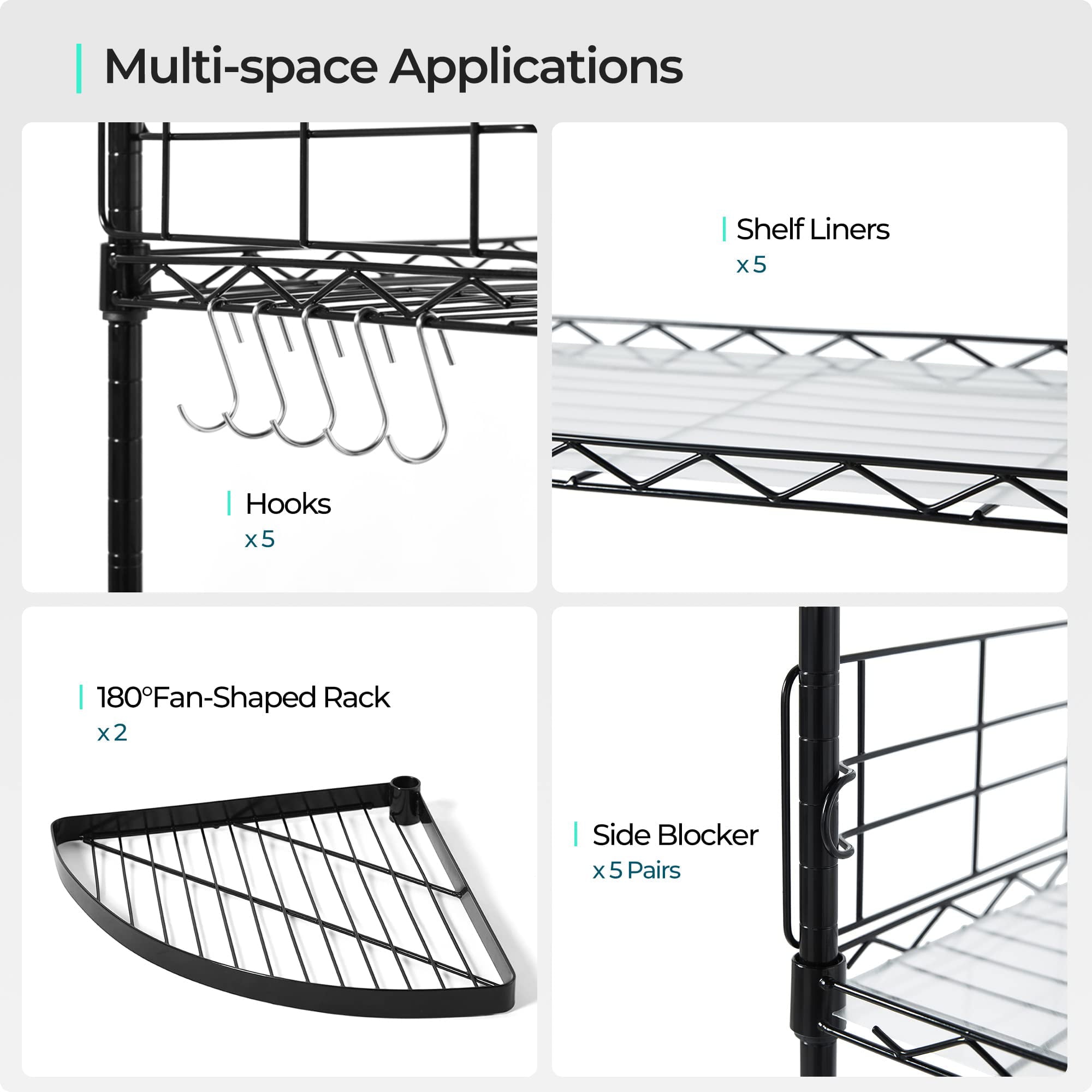 LINSY HOME 5 Tier Wire storage shelves with 2 Rotatable Shelves,Height Adjustable Shelf Rack with 5 Hooks for Garage Bedroom Bathroom-59.1