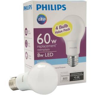 Philips 60-Watt Equivalent A19 Non-Dimmable Energy Saving LED Light Bulb Daylight (5000K) (4-Pack) 461137