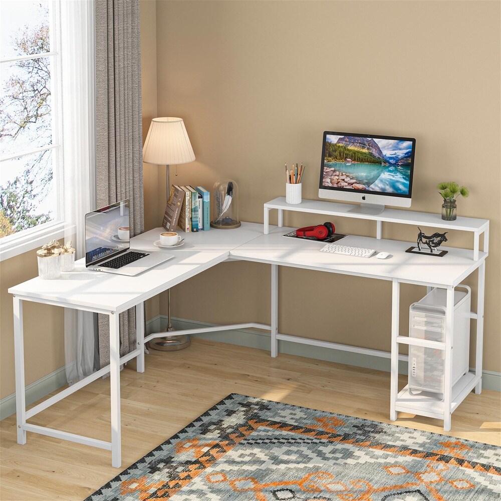 Computer Desk L Shaped Corner Desk with Large Monitor Stand and Shelves for Home Office