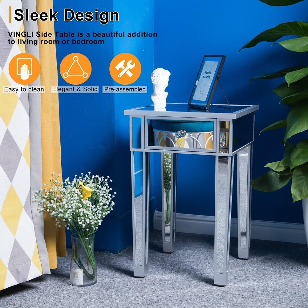 Mirrored End Table with Drawer Silver Modern Nightstand/Bedside/Accent Table for Small Space Living Room Bedroom