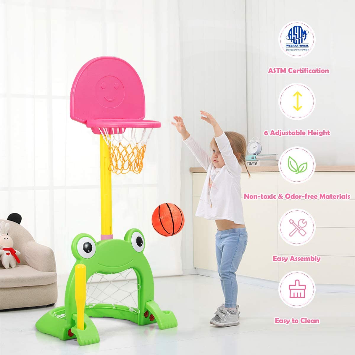 Costzon Kids Basketball Hoop Set, Kids 3-in-1 Sports Set for Basketball (Cute Frog)