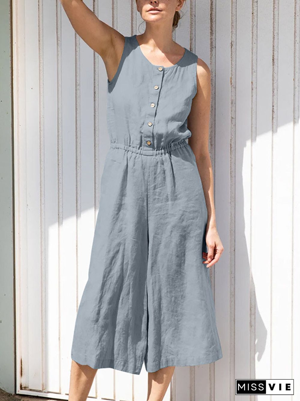 Solid Button Sleeveless Elastic Waist Wide Leg Jumpsuit