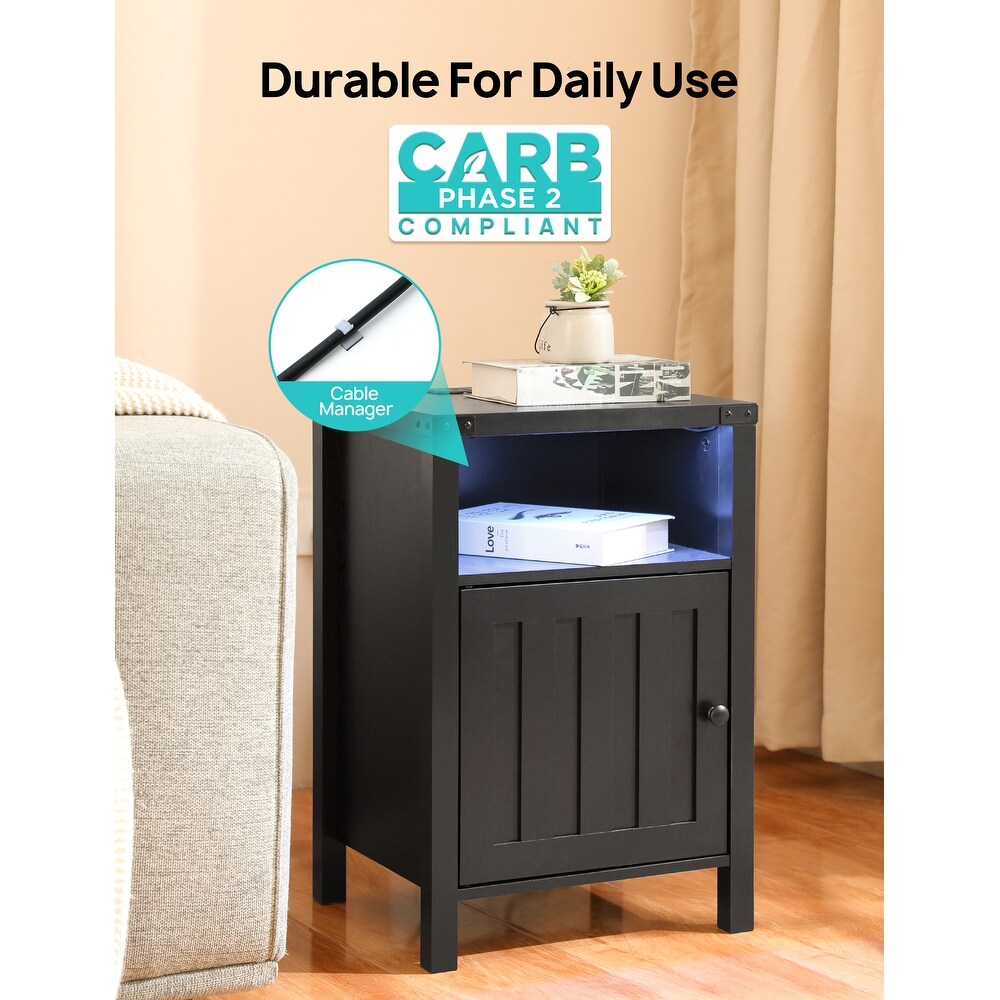 Nightstand with Charging Station And RGB Light Strip Barn Door Cabinet  Open Shelf