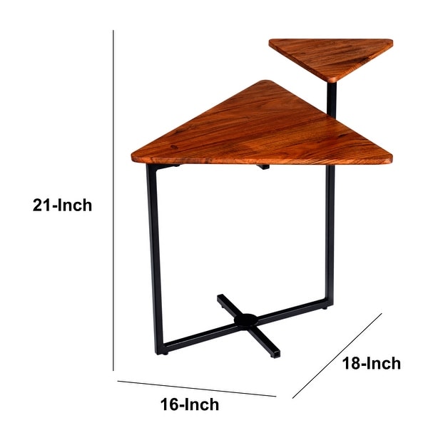 Geo Collection 21 Inch Triangular Acacia Wood Accent End Table with 2 Tier Tabletops， Brown， Black