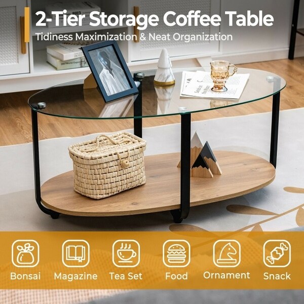 2-Tier Glass-Top Modern Coffee Table with Storage Shelf - 37