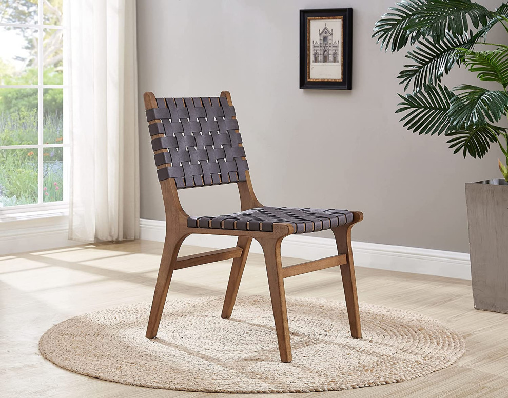 Set of 2 Dining Chair  Rubberwood Frame With Faux Leather Woven Seat  Dark Grey   Traditional   Dining Chairs   by Decor Love  Houzz