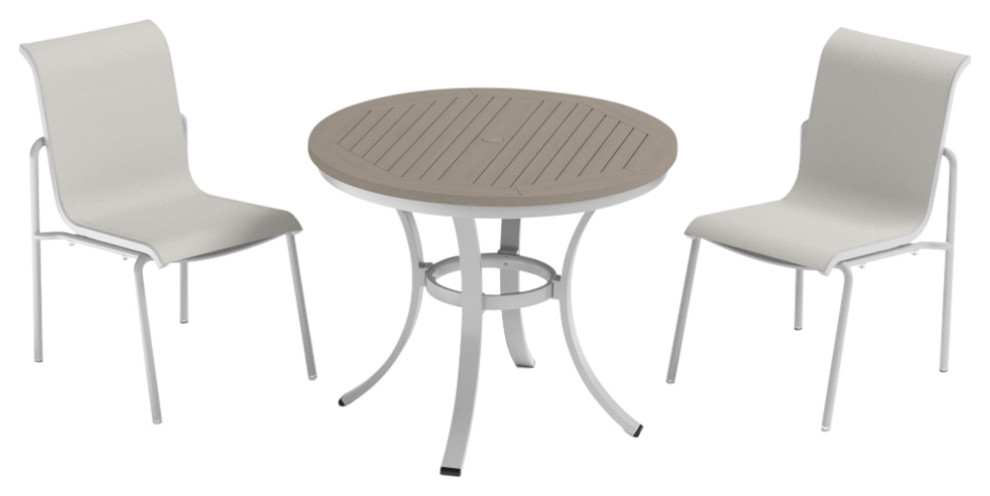 Travira 3 Piece 36 quotBistro Table/Side Chairs Set  Vintage Tekwood Top  Fog Sling   Transitional   Outdoor Pub And Bistro Sets   by Oxford Garden  Houzz