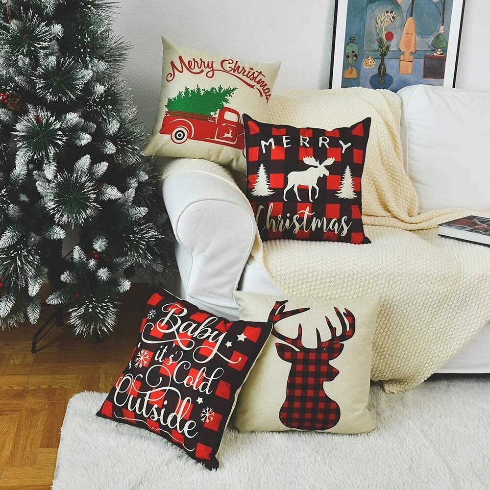 Cotton Linen Winter Deer Pillow Covers Set of 4 Christmas Decor Throw Pillow Covers Cushion Cover 18 X 18   Multi color   Medium