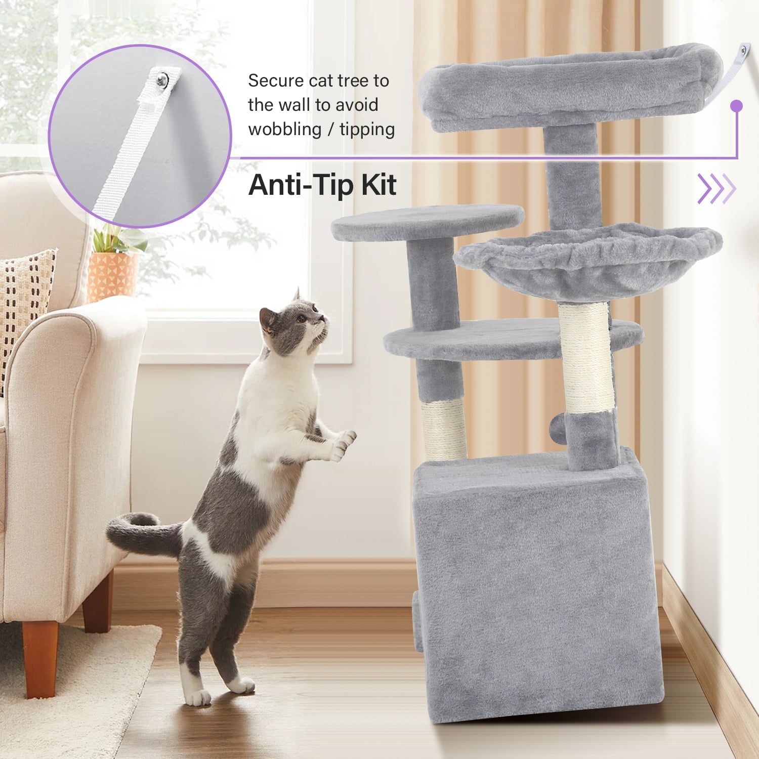 BestPet 33in Cat Tree Cat Tower with Scratching Posts for Indoor Cats,Multi-Level Cat Furniture Activity Center Stand House Cat Condo with Hammock Perch and Kitten Toys Pet Play House,Light Gray