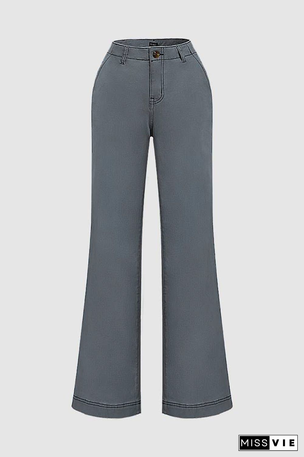 Solid Pocket Detail Mid Waist Wide Leg Pants