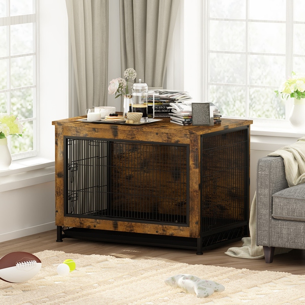 Grondin Industrial Style Wooden Dog Crate Furniture Style Dog Kennel with 3 Doors and Bottom Slide Out Tray