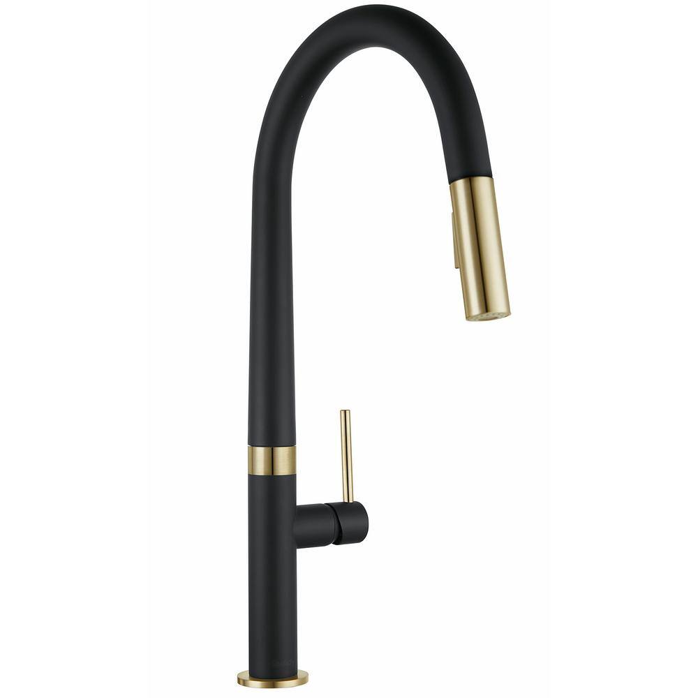 AKDY Easy-Install Single-Handle Deck Mount Gooseneck Pull-Down Sprayer Kitchen Faucet in Matte BlackBrushed Gold KF0021-7