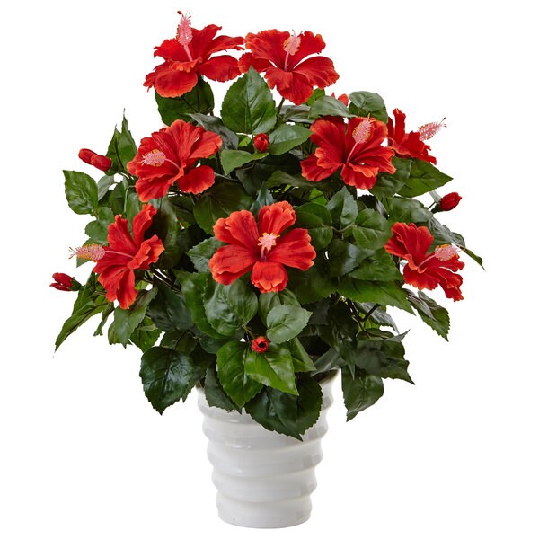 Nearly Natural Silk Artificial Hibiscus in Swirl Planter