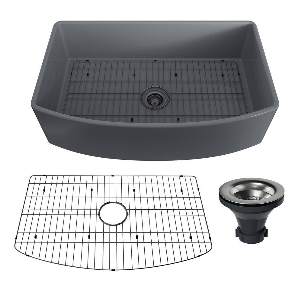 CASAINC 33 in. Farmhouse Apron Single Bowl Matte Gray Fireclay Curved Design Kitchen Sink with Bottom Grid and Strainer CA-SN3321-G