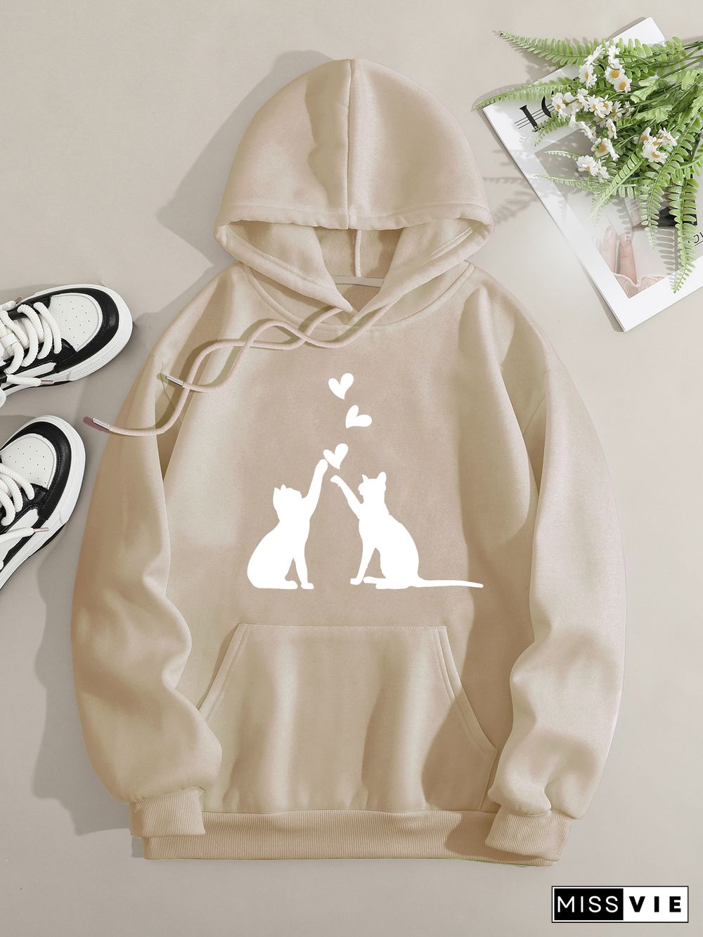 Printed on front Kangaroo Pocket Hoodie Long Sleeve for Women Pattern Cats high five