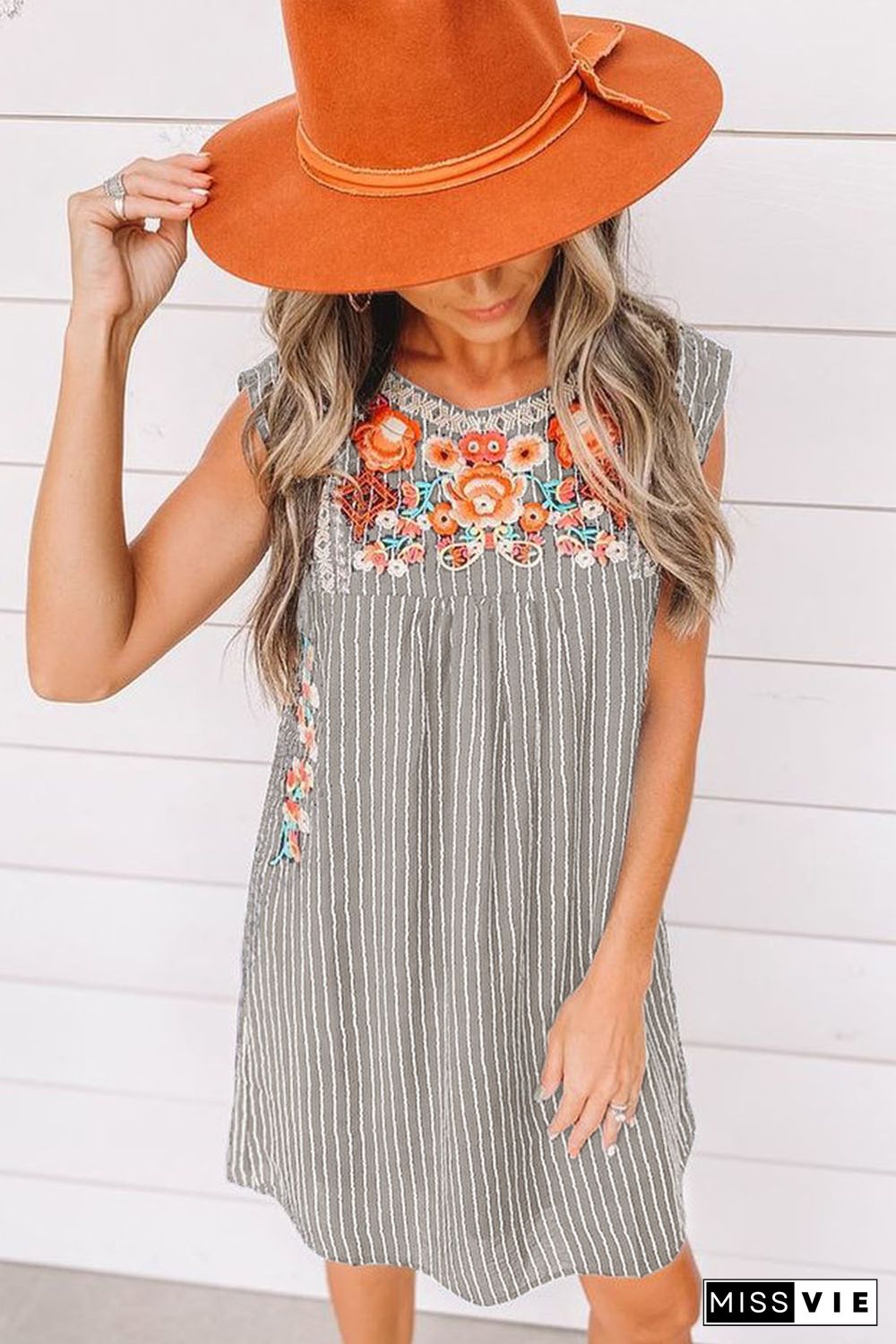 Gray Embroidered Striped Print Sleeveless Mini Dress