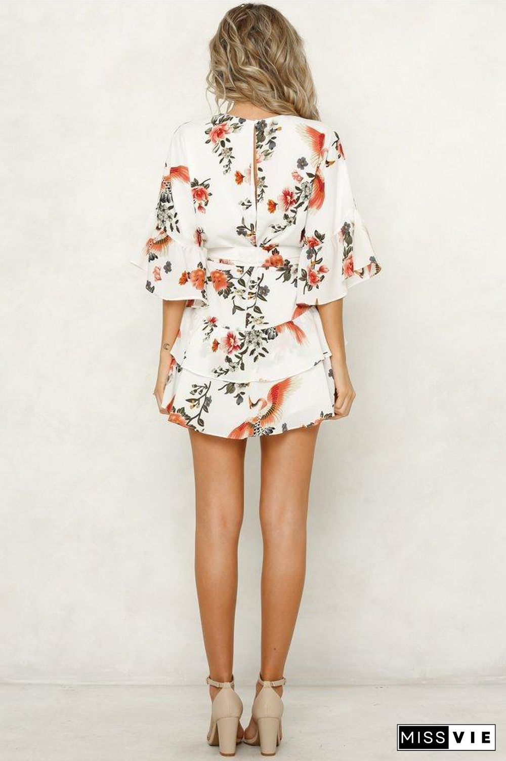 White 3/4 Length Sleeve Floral Pleated Hem Mini Dress