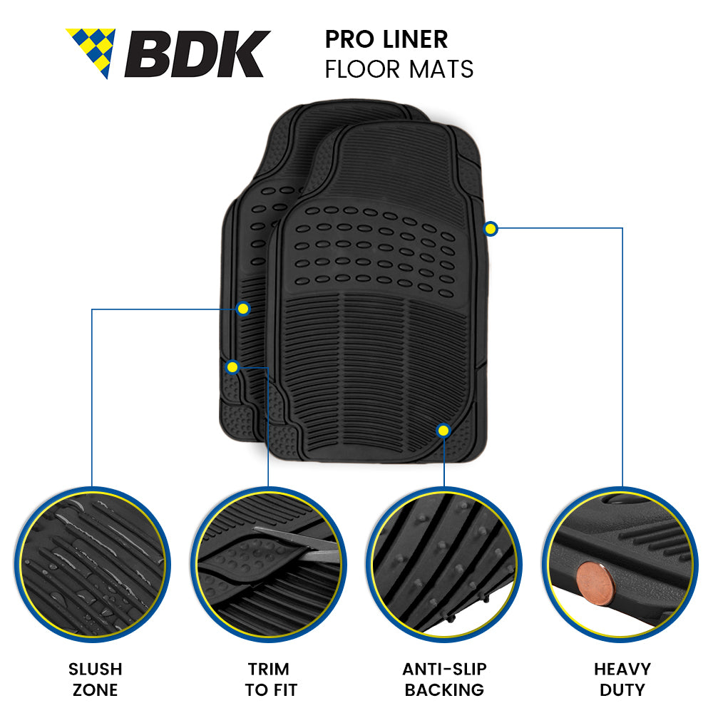 BDK ProLiner Heavy Duty Rubber Auto Floor Mats Liner for Auto - All Weather 3 Piece Set (Black)