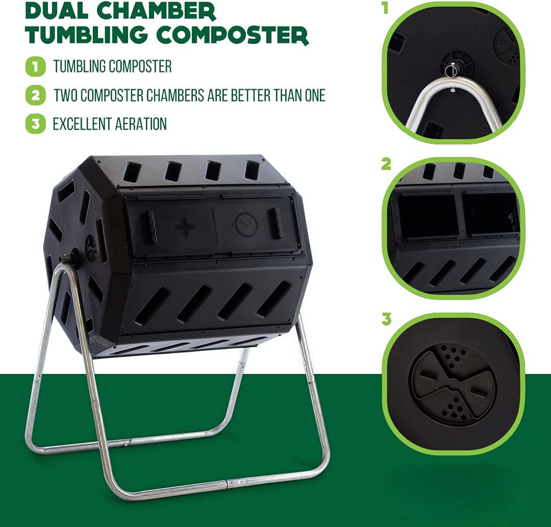 IM4000 Dual Chamber Tumbling Composter (Black) Canadian-Made  100% Recycled Resin -  Rotating Compost Tumbler Bin for Garden    and Yard Waste