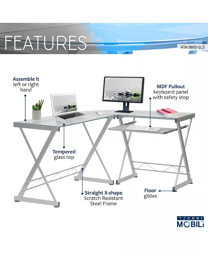 RTA Products Techni Mobili L-Shaped Glass Top Computer Desk