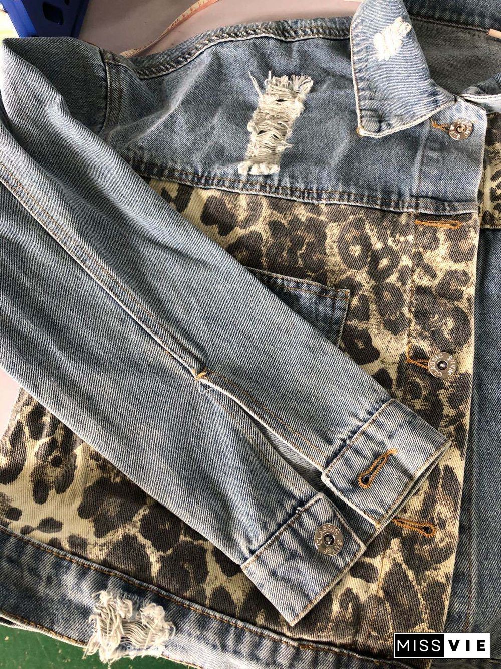 Blue Leopard Patchwork Denim Jeans Jackets