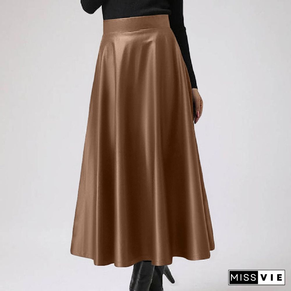 Women Pu Leather Maxi Skirt Autumn Winter Long Dress High Waist Party Casual Umbrella Skirt Plus Size Clothes