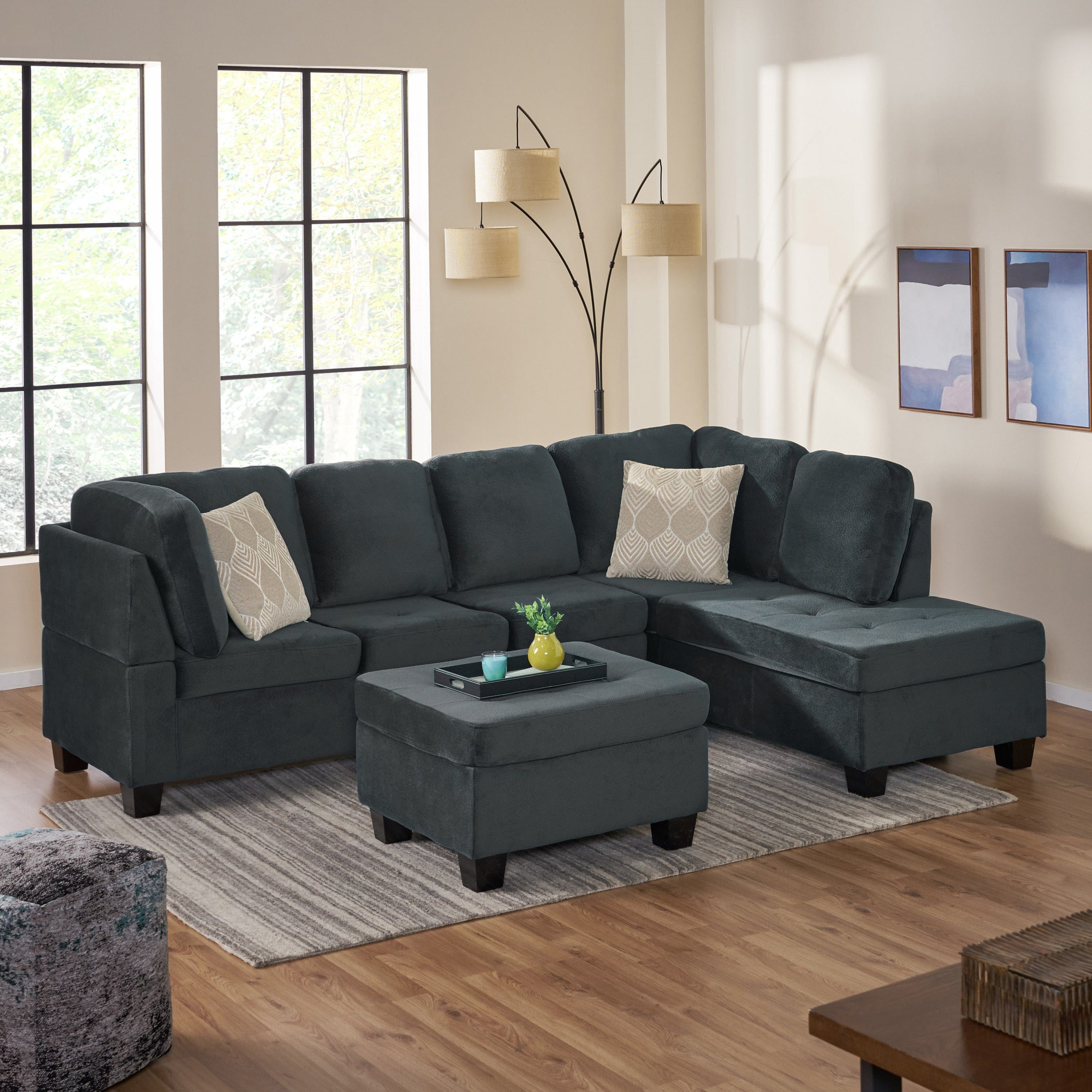 Gotham 3-piece Charcoal Fabric Sectional Sofa Set