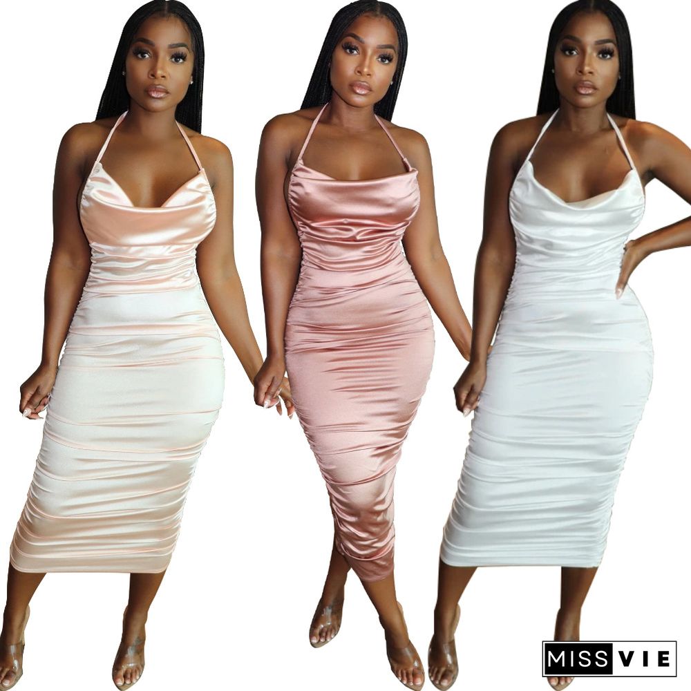 Fashion Women Summer Solid Color Sleeveless Halter Bandage Backless Skinny Package Hip Pleated Long Dress