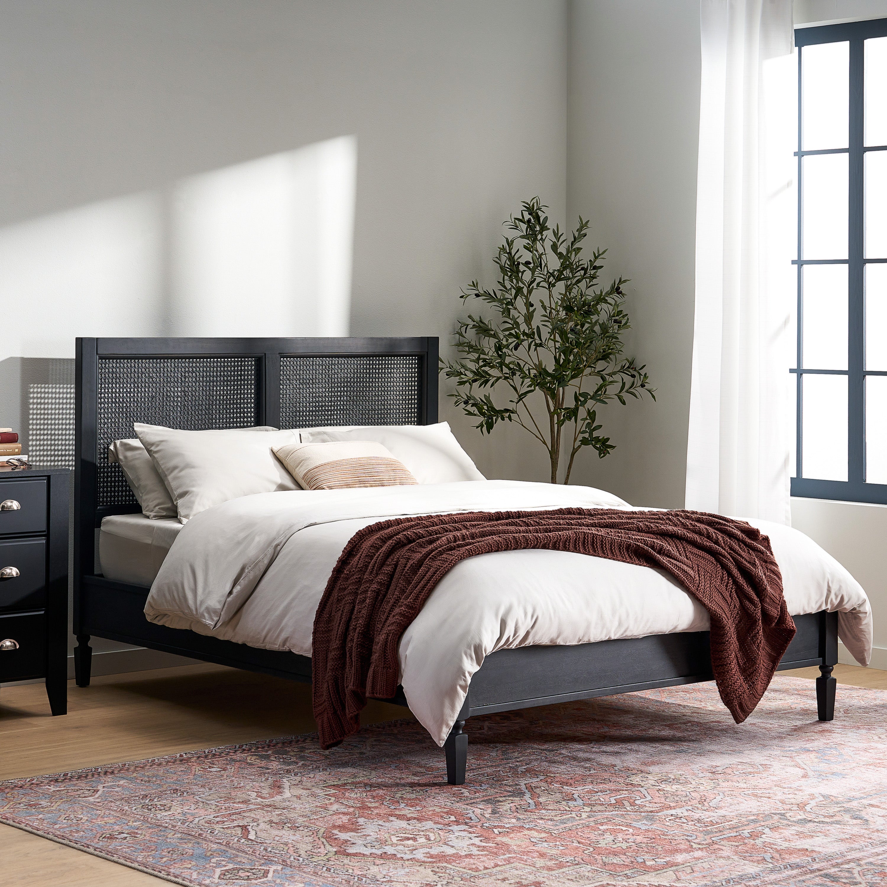 Mathena Rustic Acacia Wood and Rattan Queen Bed, Dark Gray