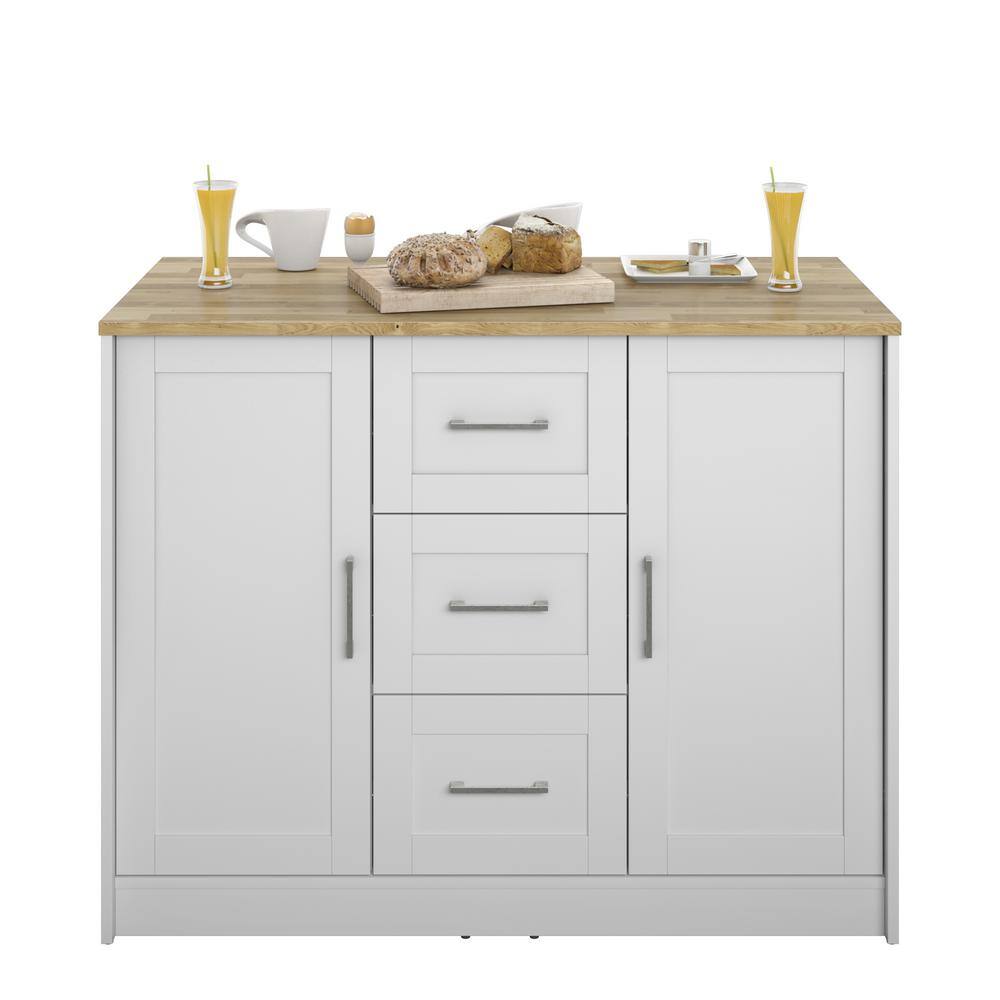 Twin Star Home Brilliant White Wood 45.5 in. Traditional Kitchen Island with Butcher Block Top KI972-PF08