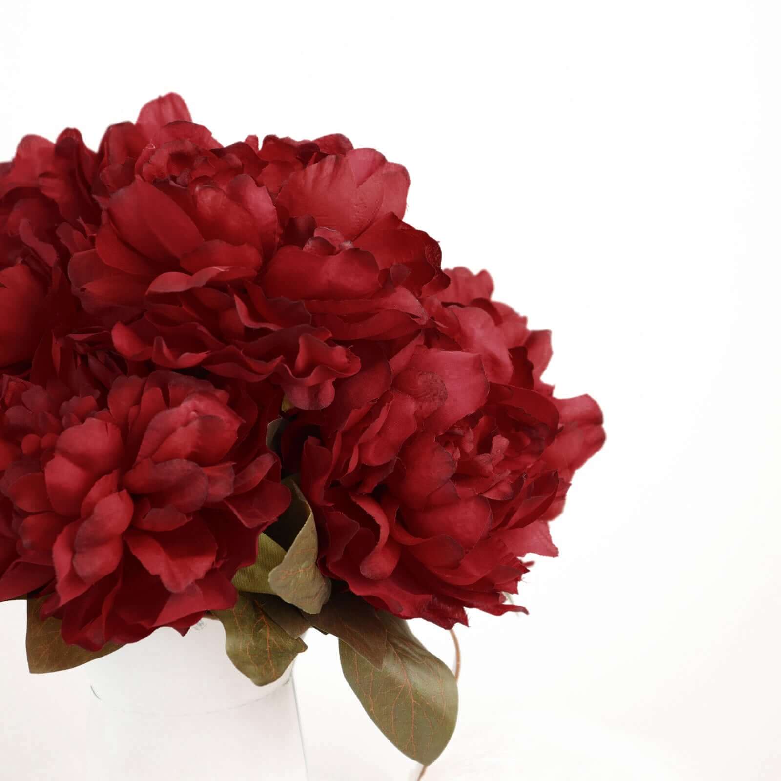 2 Bushes Burgundy Artificial Silk Peony Flower Bouquets, Real Touch Peonies Spray 17