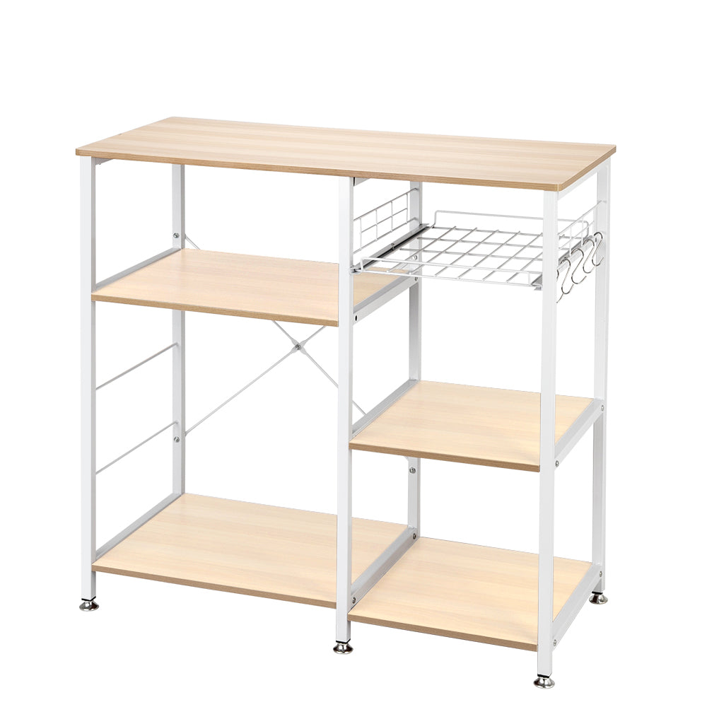 Metal Storage Shelves， Microwave Oven Stand Storage Cart Storage Shelf， X-shaped Metal Shelving with 5 Hanging Hook， Round Corner， Adjustable Feet， Pull-out Basket， 3-Tier Shelves， Natural， Q4502