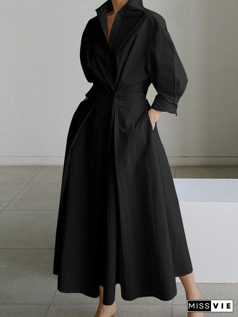 Women'S Dresses Lapel Elastic Waist Shirt Long Sleeve Dress