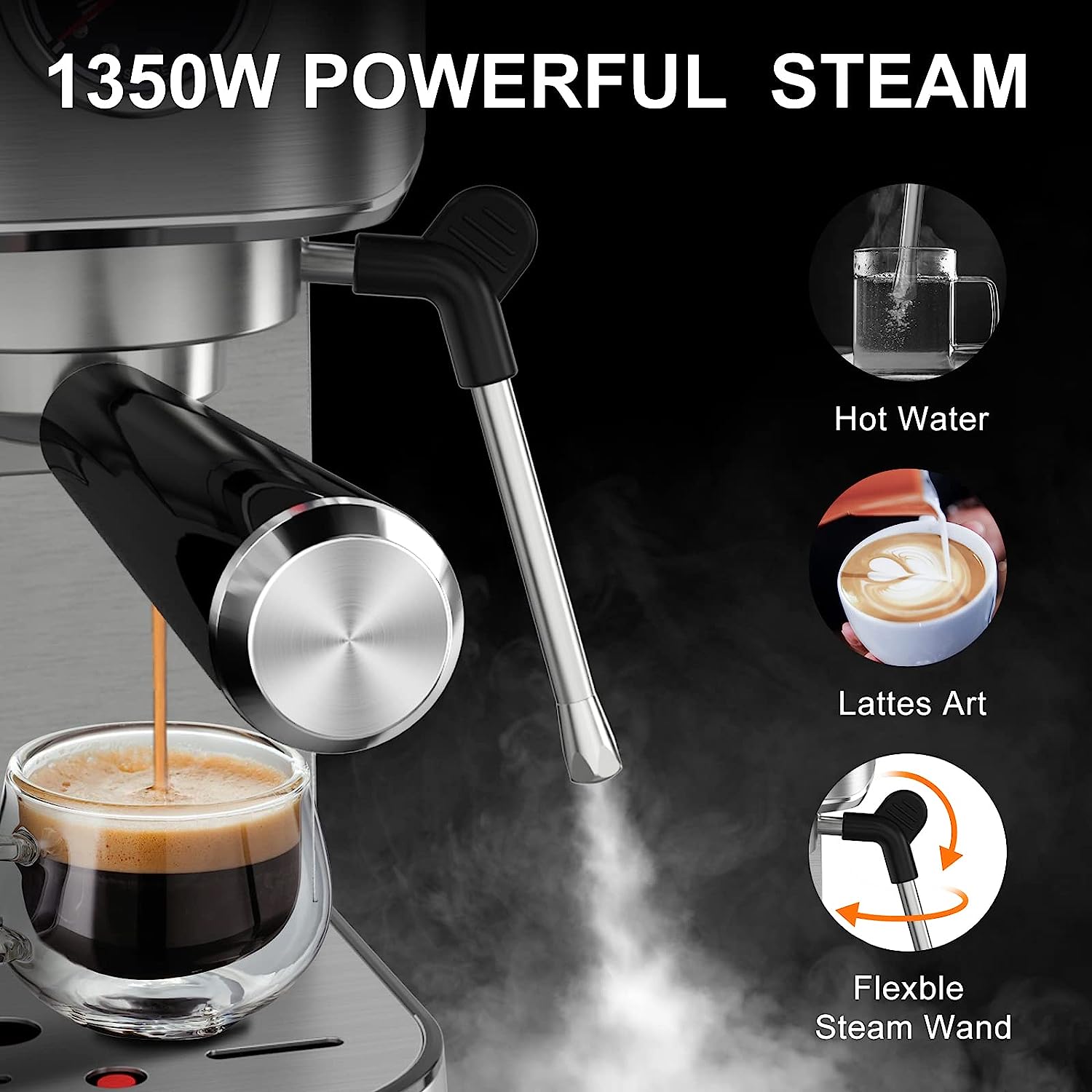 ICUIRE Espresso Machine, 20 Bar Compact Steam Espresso Coffee Machine with Milk Frother, Digital Touch Panel, 37 Oz Removable Water Tank for Espresso Make