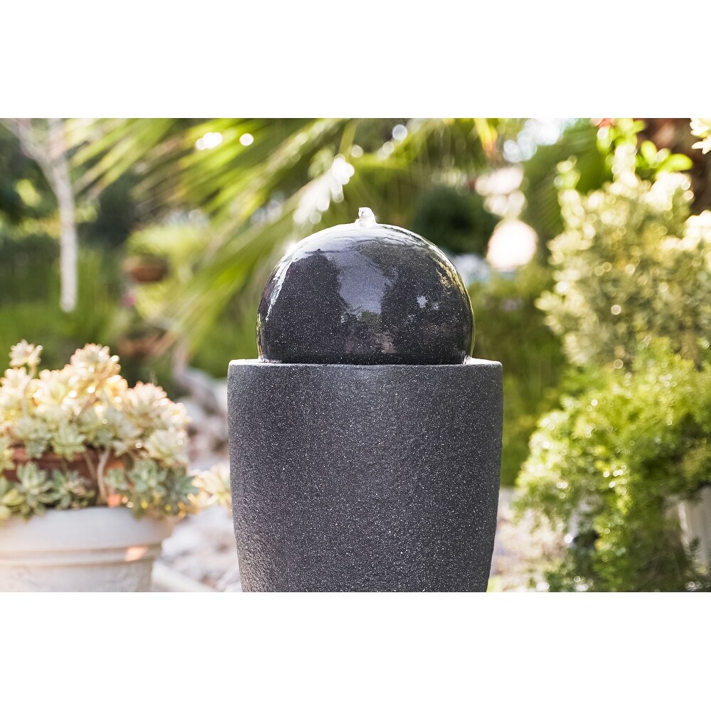 XBrand Modern Stone Textured Round Sphere Water Fountain  LED Lights  25.6 Inch Tall  Black