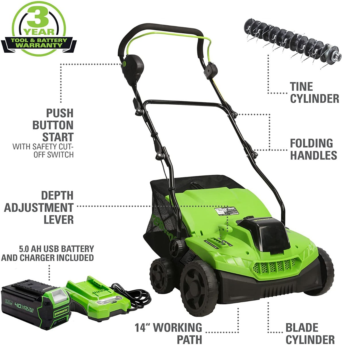 40V 14-Inch Cordless Dethatcher/ Scarifier | Greenworks Tools