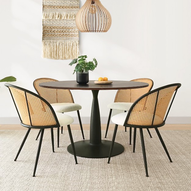 Black Round Pedestal Dining Table Set With 4 Boucl Fabric Mesh Rattan Backrest Dining Chair With Black Legs the Pop Maison