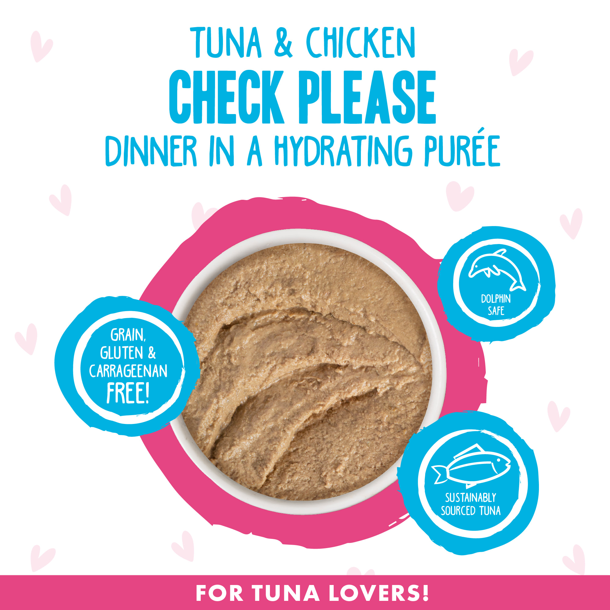 B.F.F. P.L.A.Y. Check Please! Tuna  Chicken Dinner in a Hydrating Puree Wet Cat Food， 2.8 oz.， Case of 12