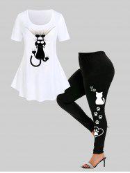 Cat Print Tee and High Waist Cat Paw Print Leggings Plus Size Summer Outfit