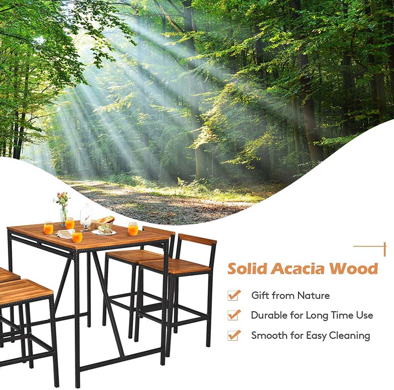 5 Pcs Acacia Wood Rattan Wicker Outdoor Patio Bar Set Dining Table Set with 1.9