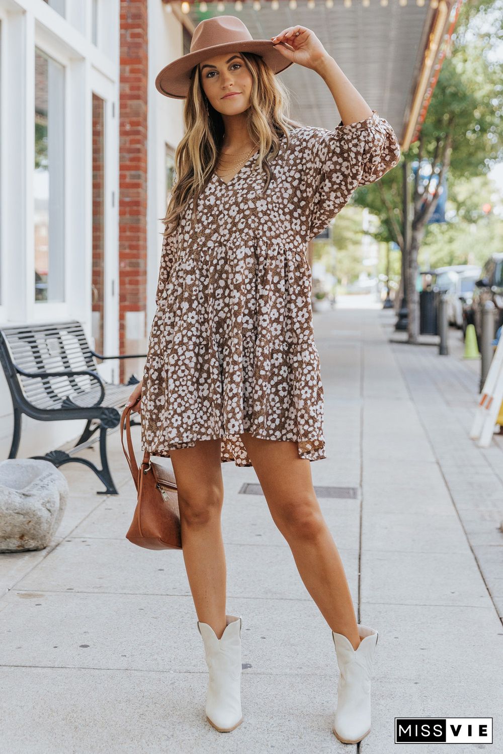 Brown V Neck Daisy Print Empire Waist Mini Dress