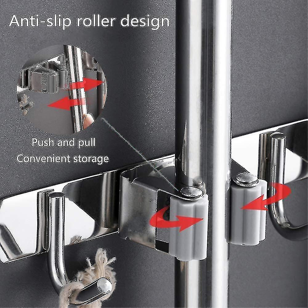 Stainless Steel Broom Holder， Storage Rack (4 Slots And 5 Hooks) Superd