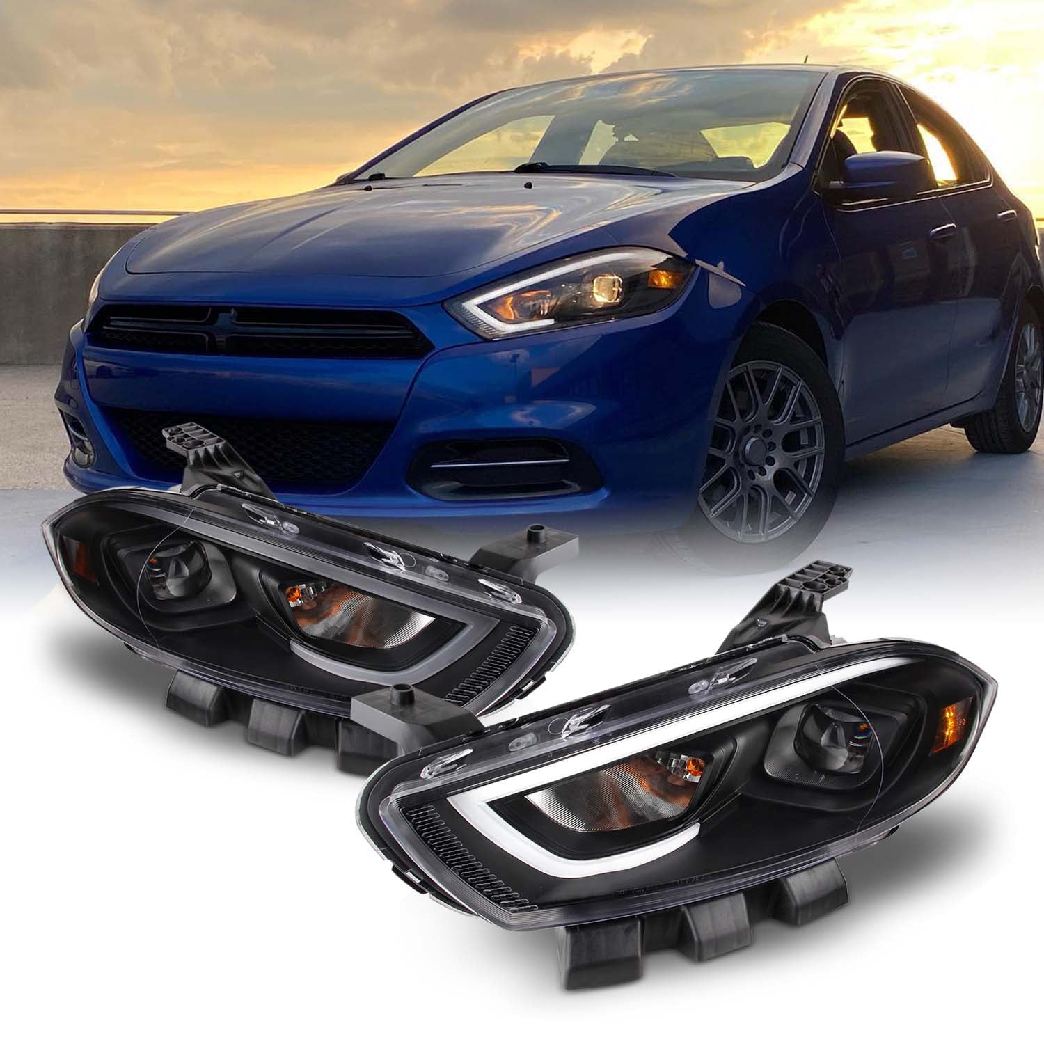 Fits 2013-2016 Dodge Dart Black Projector LED Light Tube Headlights Pair Housing