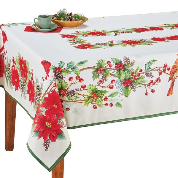 Elegant White Holiday Cardinals and Poinsettias Christmas Tablecloth