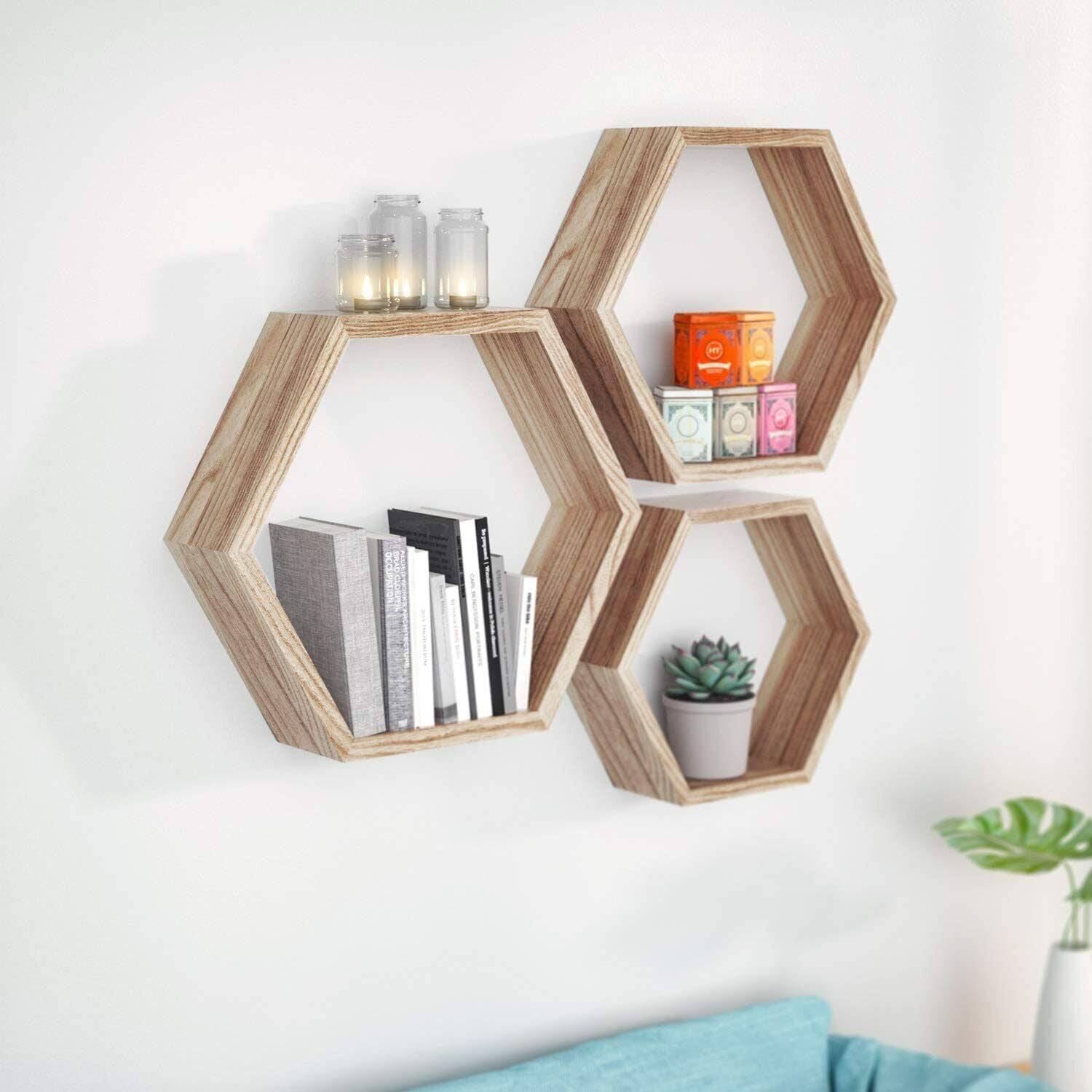 3pcs Shelves Wall Floating Hexagon Plant Shelves Home Decor Shelf for Bedroom