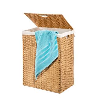 Seville Classics Lidded Rectangular Tan Collapsible Plastic Wicker Laundry Hamper Basket with Washable Liner WEB655