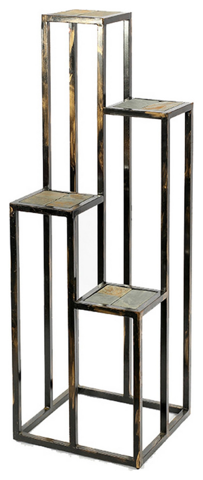 Benzara BM216737 4 Tier Cast Iron Frame Plant Stand with Stone Top  Black  ampGold   Industrial   Plant Stands And Telephone Tables   by Uber Bazaar  Houzz