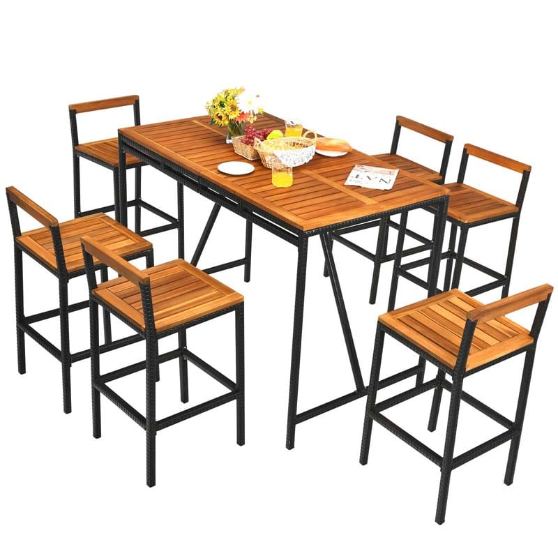 7 Pcs Acacia Wood Rattan Wicker Outdoor Patio Bar Set Dining Table Set with 1.9'' Umbrella Hole & 6 Bar Stools